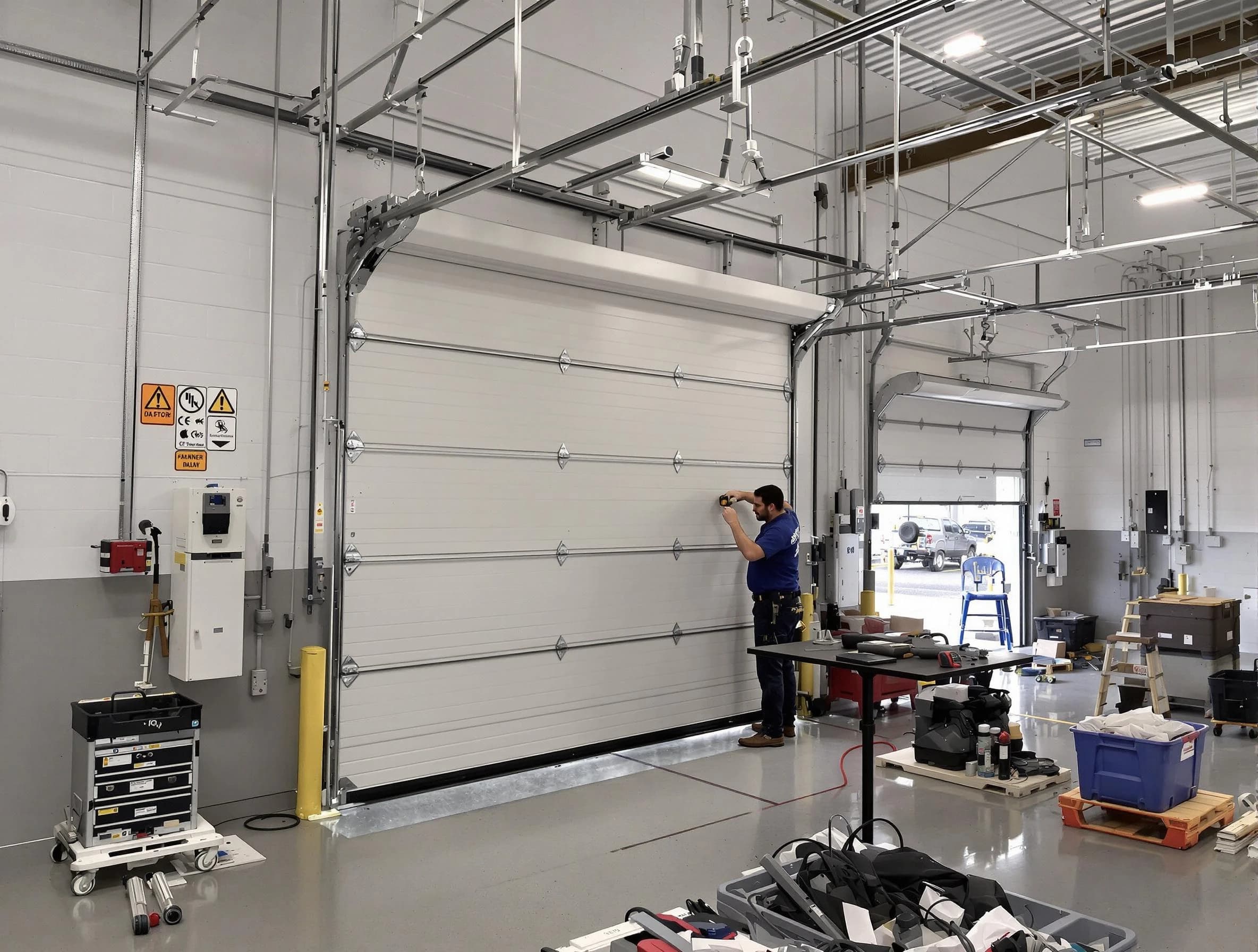 Commercial garage door repair being performed by Lone Tree Garage Door Repair expert in Lone Tree