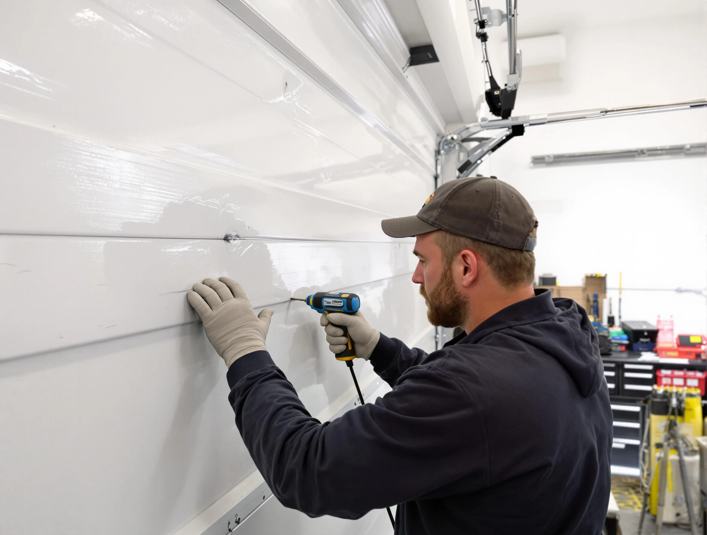 Lone Tree Garage Door Repair technician demonstrating precision dent removal techniques on a Lone Tree garage door